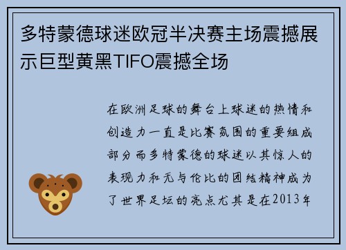 多特蒙德球迷欧冠半决赛主场震撼展示巨型黄黑TIFO震撼全场