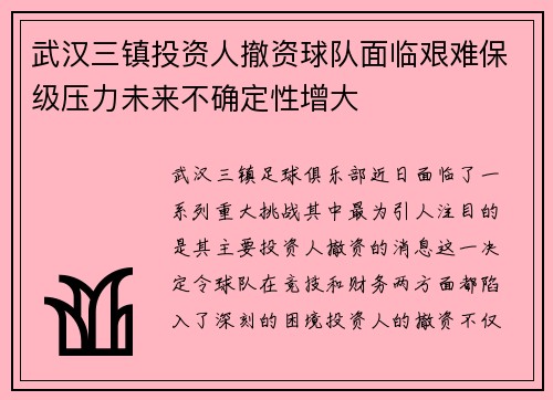 武汉三镇投资人撤资球队面临艰难保级压力未来不确定性增大